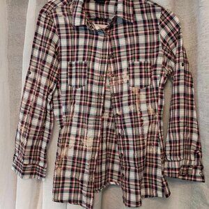 Ladies Bleach Plaid Shirt Snap Front New No Tags Size Small, Black,White, Red